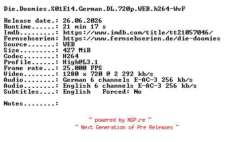 NFO for the release Die.Doomies.S01E14.German.DL.720p.WEB.h264-WvF by WvF