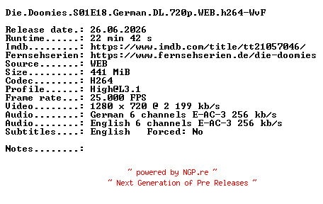 NFO for the release Die.Doomies.S01E18.German.DL.720p.WEB.h264-WvF by WvF