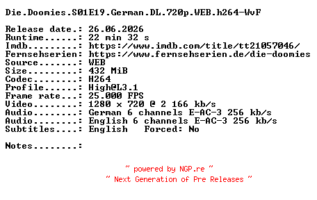 NFO for the release Die.Doomies.S01E19.German.DL.720p.WEB.h264-WvF by WvF