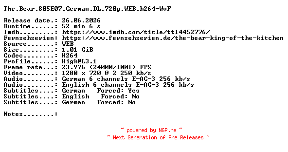 NFO for the release The.Bear.S05E07.German.DL.720p.WEB.h264-WvF by WvF