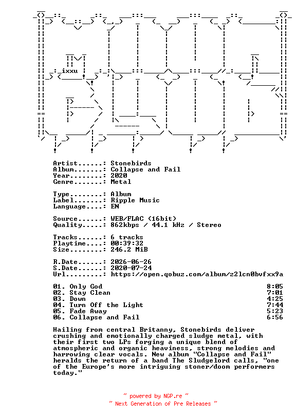 NFO for the release Stonebirds-Collapse_and_Fail-16BIT-WEB-FLAC-2020-MOONBLOOD by MOONBLOOD