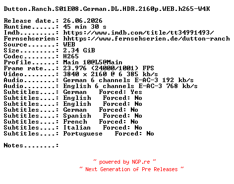 NFO for the release Dutton.Ranch.S01E08.German.DL.HDR.2160p.WEB.h265-W4K by W4K