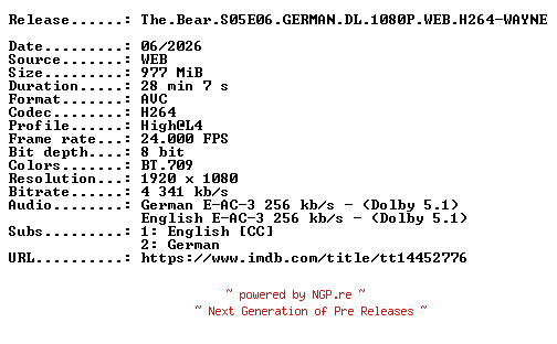 NFO for the release The.Bear.S05E06.GERMAN.DL.1080P.WEB.H264-WAYNE by WAYNE
