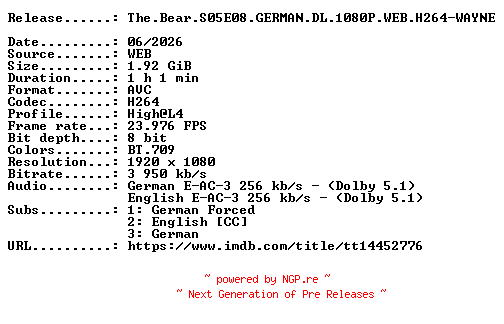 NFO for the release The.Bear.S05E08.GERMAN.DL.1080P.WEB.H264-WAYNE by WAYNE
