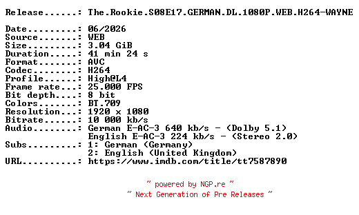 NFO for the release The.Rookie.S08E17.GERMAN.DL.1080P.WEB.H264-WAYNE by WAYNE