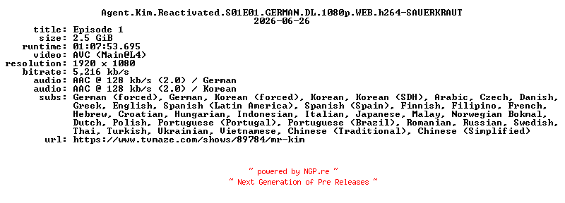 NFO for the release Agent.Kim.Reactivated.S01E01.GERMAN.DL.1080p.WEB.h264-SAUERKRAUT by SAUERKRAUT