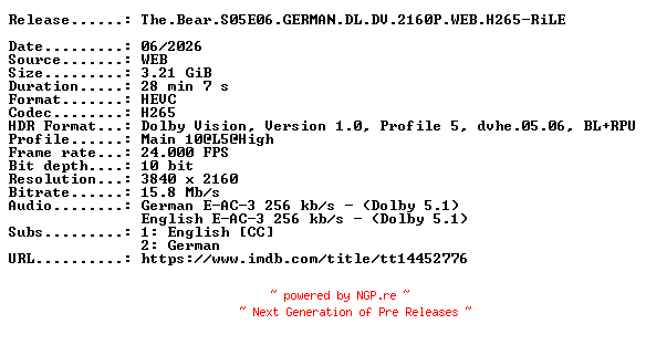 NFO for the release The.Bear.S05E06.GERMAN.DL.DV.2160P.WEB.H265-RiLE by RiLE