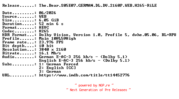 NFO for the release The.Bear.S05E07.GERMAN.DL.DV.2160P.WEB.H265-RiLE by RiLE