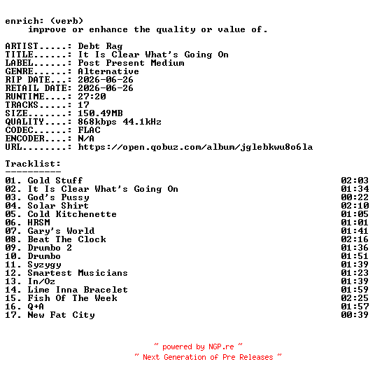 NFO for the release Debt_Rag-It_Is_Clear_Whats_Going_On-16BIT-WEB-FLAC-2026-ENRiCH by ENRiCH