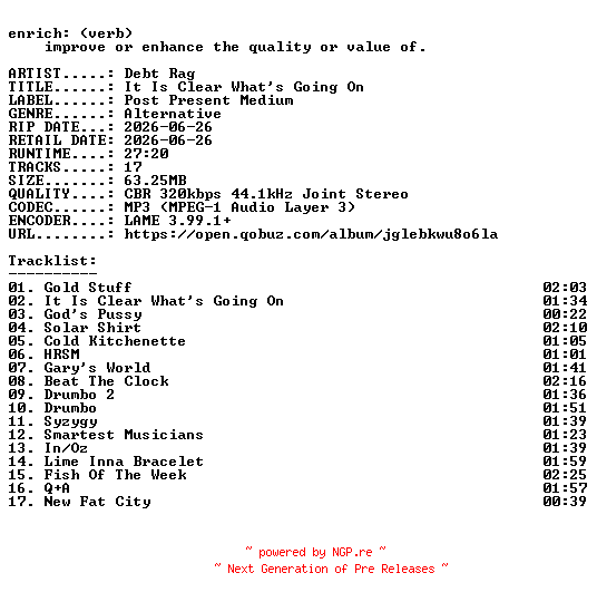 NFO for the release Debt_Rag-It_Is_Clear_Whats_Going_On-WEB-2026-ENRiCH by ENRiCH