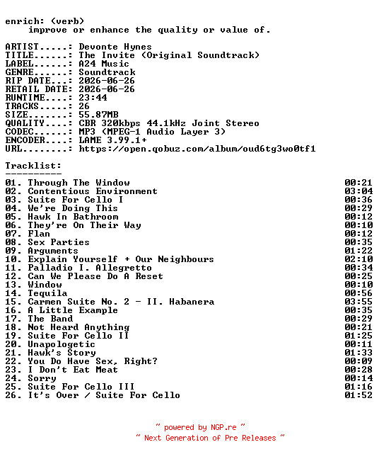 NFO for the release Devonte_Hynes-The_Invite_(Original_Soundtrack)-OST-WEB-2026-ENRiCH by ENRiCH
