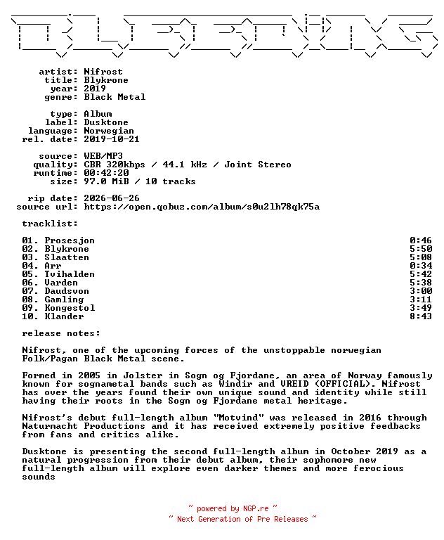 NFO for the release Nifrost-Blykrone-NO-WEB-2019-BLEEDiNG by BLEEDiNG