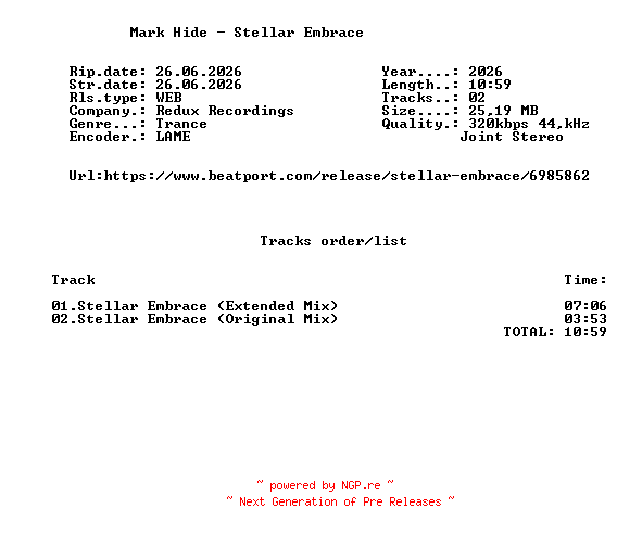 NFO for the release Mark_Hide_-_Stellar_Embrace-(RDX702)-WEB-2026-FMC by FMC