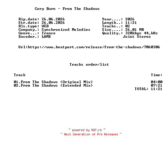 NFO for the release Cory_Burn_-_From_The_Shadows-(SMEL169)-WEB-2026-FMC by FMC