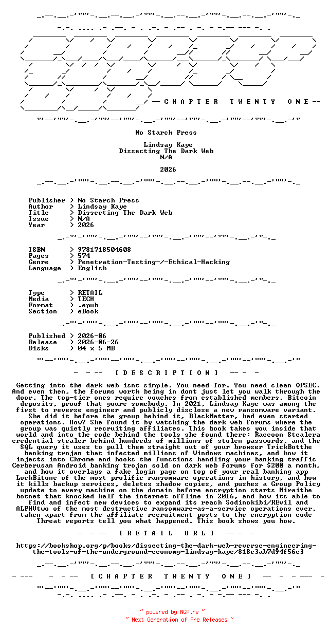 NFO for the release No.Starch.Press.-.Dissecting.The.Dark.Web.2026.RETAIL.EPUB.eBook-CTO by CTO