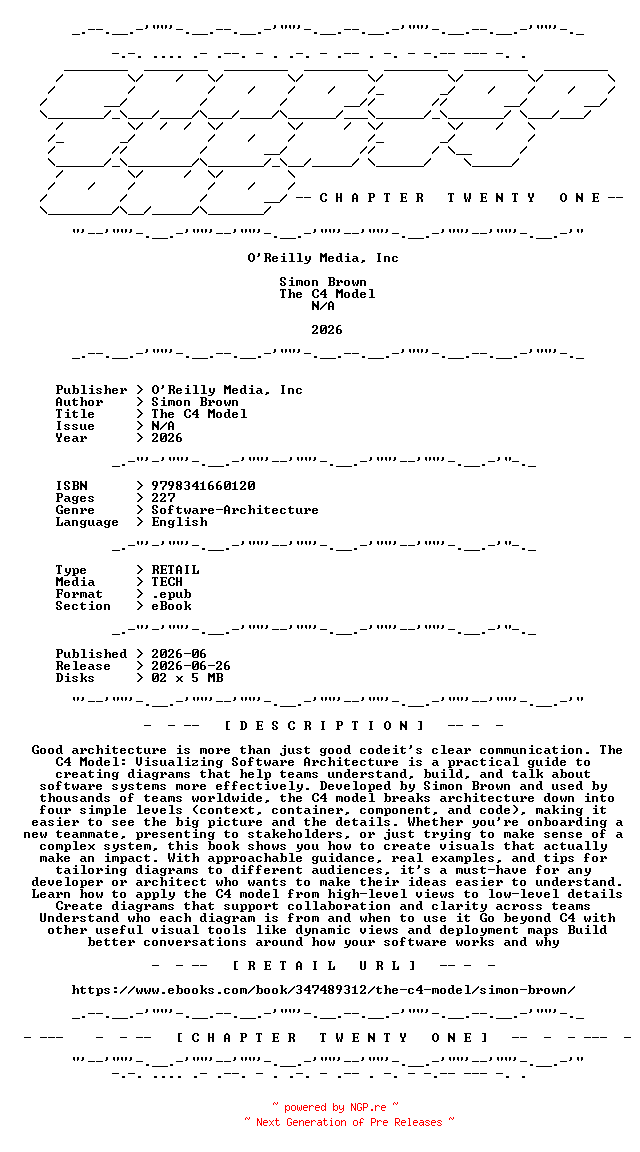 NFO for the release OReilly.Media.Inc.-.The.C4.Model.2026.RETAIL.EPUB.eBook-CTO by CTO