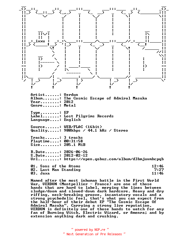 NFO for the release Verdun-The_Cosmic_Escape_of_Admiral_Masuka-EP-16BIT-WEB-FLAC-2012-MOONBLOOD by MOONBLOOD