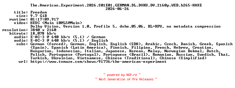 NFO for the release The.American.Experiment.2026.S01E01.GERMAN.DL.DOKU.DV.2160p.WEB.h265-HAXE by HAXE