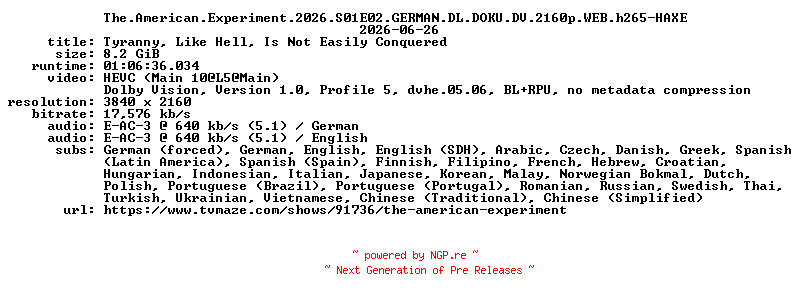 NFO for the release The.American.Experiment.2026.S01E02.GERMAN.DL.DOKU.DV.2160p.WEB.h265-HAXE by HAXE