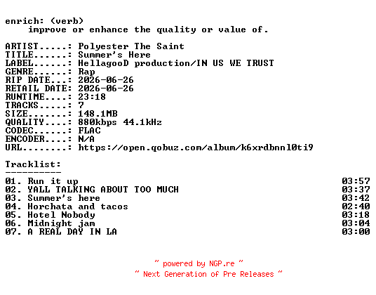 NFO for the release Polyester_The_Saint-Summers_Here-EP-16BIT-WEB-FLAC-2026-ENRiCH by ENRiCH