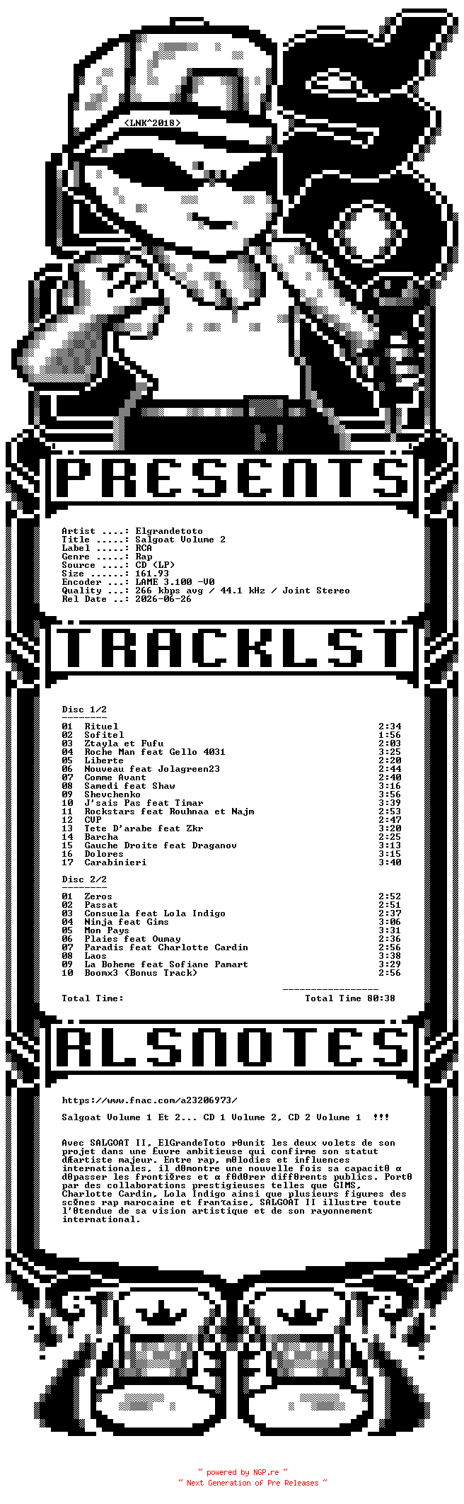 NFO for the release Elgrandetoto-Salgoat_Vol_2-2CD-FR-2026-SO by SO