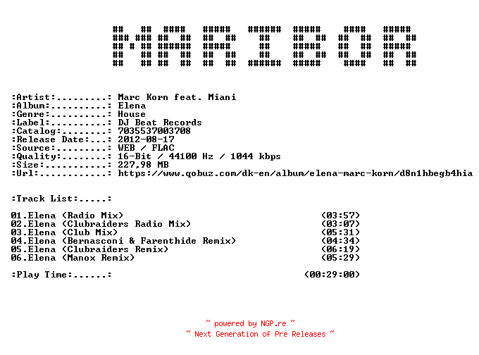 NFO for the release Marc_Korn_feat._Miani-Elena-16BIT-WEB-FLAC-2012-MARiBOR by MARiBOR