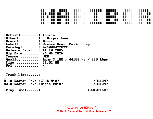 NFO for the release Taurin_-_A_Deeper_Love-(4260084920991)-WEB-2005-MARiBOR_INT by MARiBOR_INT