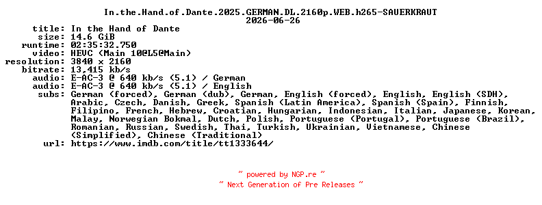 NFO for the release In.the.Hand.of.Dante.2025.GERMAN.DL.2160p.WEB.h265-SAUERKRAUT by SAUERKRAUT