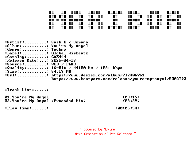 NFO for the release Sash-E_x_Verano-Youre_My_Angel-(GAZ444)-16BIT-WEB-FLAC-2025-MARiBOR by MARiBOR