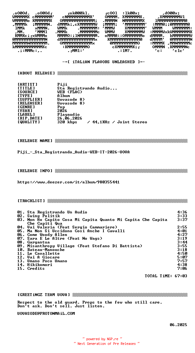NFO for the release Piji_-_Sta_Registrando_Audio-WEB-IT-2026-UOVA by UOVA