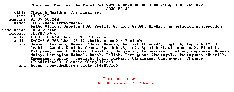 NFO for the release Chris.and.Martina.The.Final.Set.2026.GERMAN.DL.DOKU.DV.2160p.WEB.h265-HAXE by HAXE