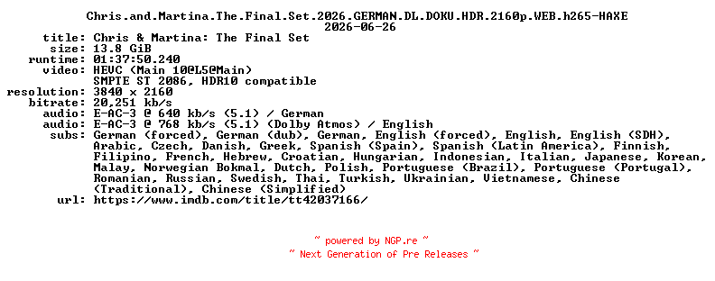 NFO for the release Chris.and.Martina.The.Final.Set.2026.GERMAN.DL.DOKU.HDR.2160p.WEB.h265-HAXE by HAXE