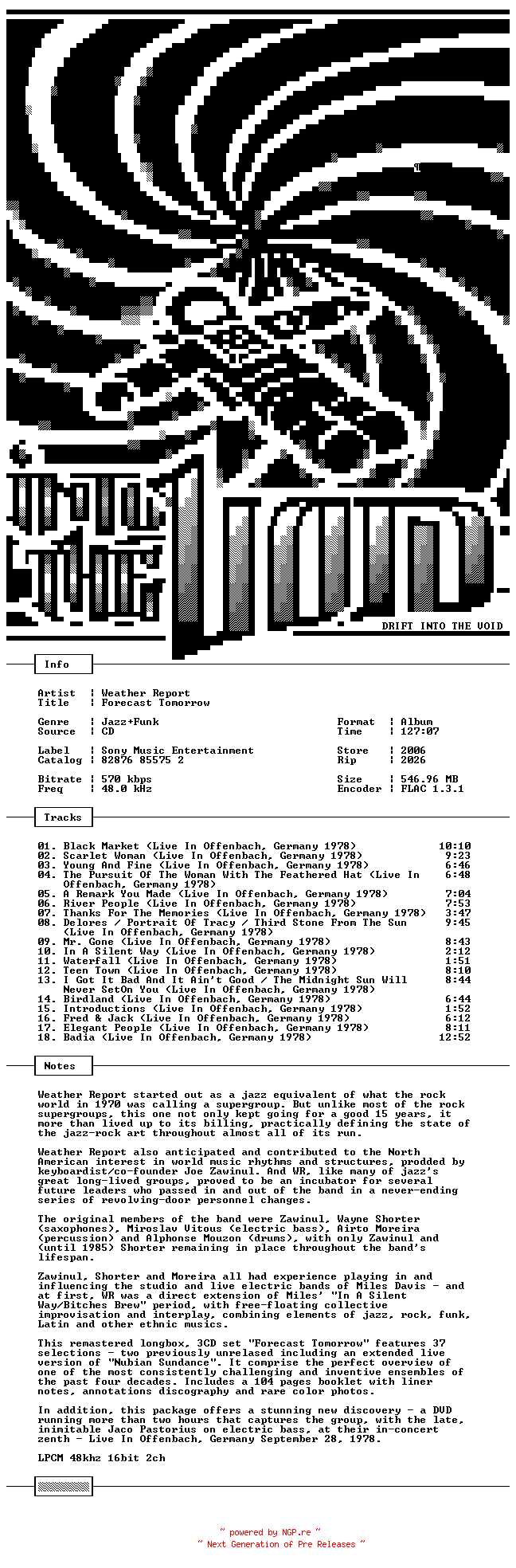 NFO for the release Weather_Report-Forecast_Tomorrow-Bonus-DVD-FLAC-2006-THEVOiD by THEVOiD