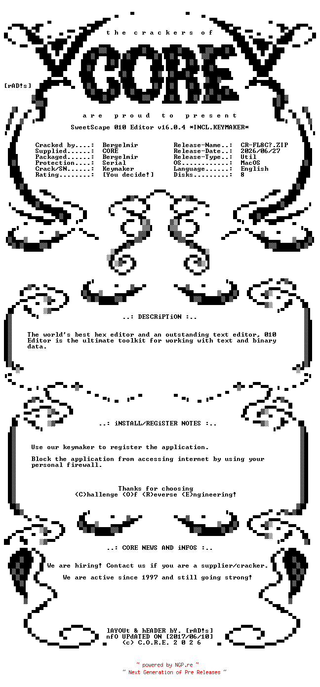 NFO for the release SweetScape.010.Editor.v16.0.4.MacOS.ARM64.Incl.Keymaker-CORE by CORE