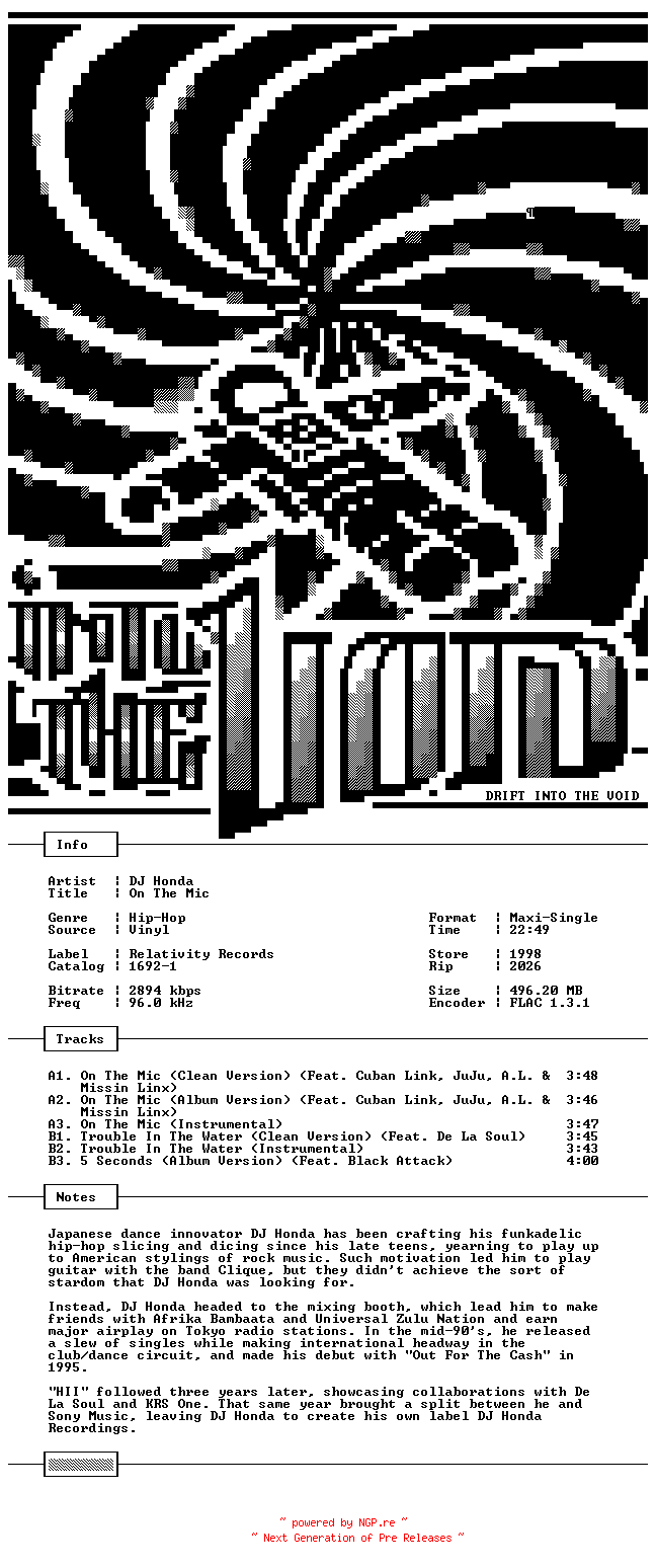 NFO for the release DJ_Honda-On_The_Mic-VLS-FLAC-1998-THEVOiD by THEVOiD