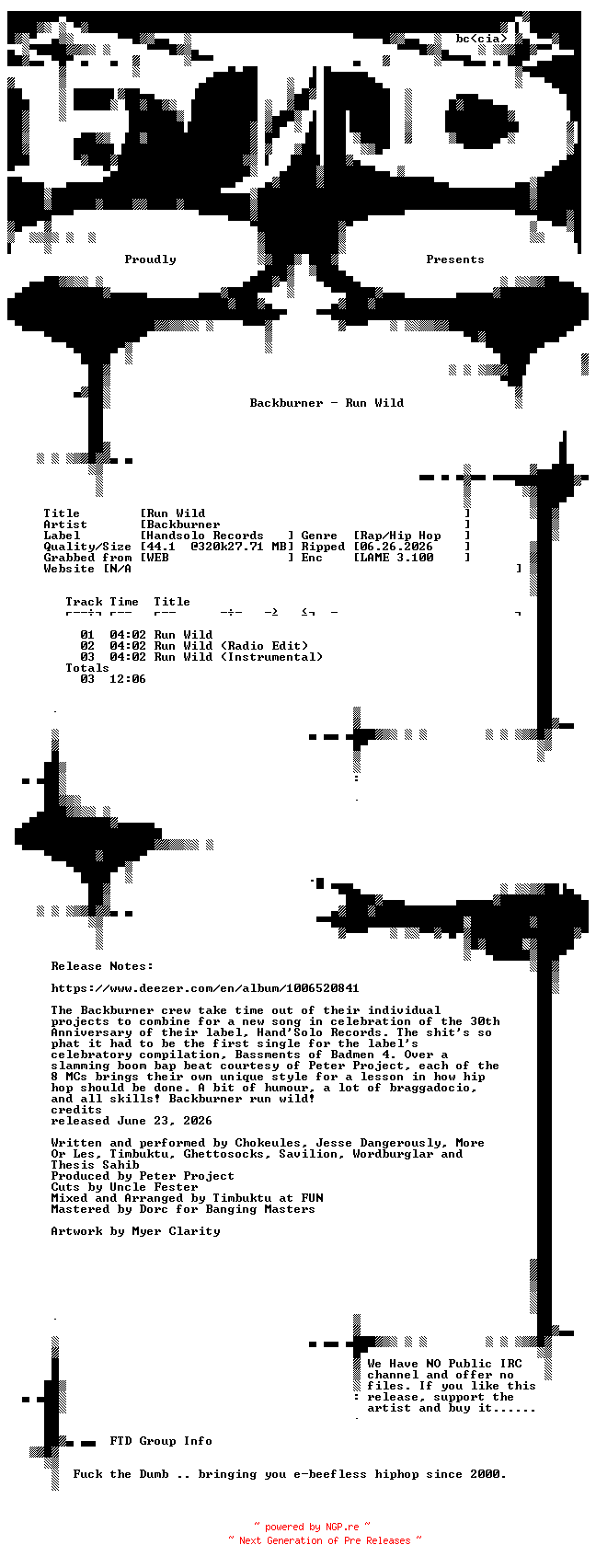 NFO for the release Backburner-Run_Wild-SINGLE-WEB-2026-FTD by FTD