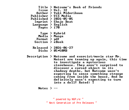 NFO for the release VIZ.Media.Natsumes.Book.of.Friends.Vol.32.2026.HYBRiD.MANGA.eBook-PNLS by PNLS