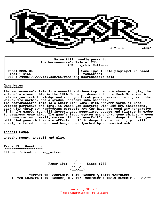 NFO for the release The.Necromancers_Tale_v1.235-Razor1911 by Razor1911