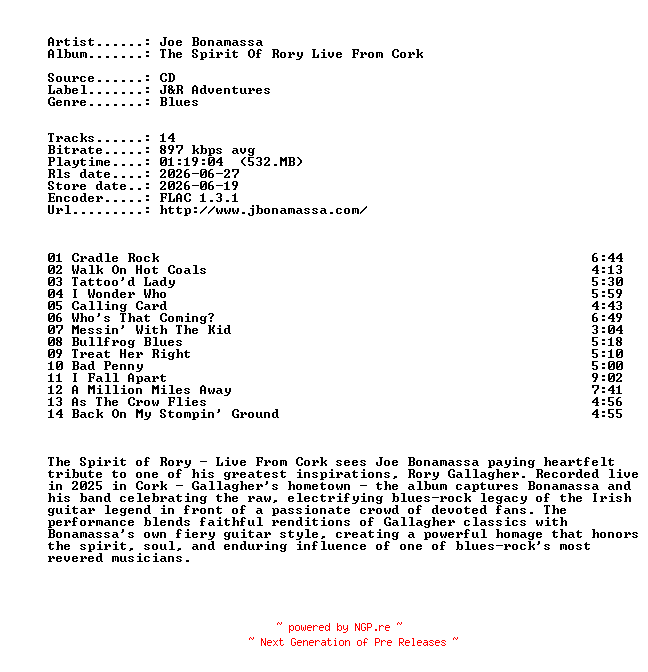 NFO for the release Joe_Bonamassa-The_Spirit_Of_Rory_Live_From_Cork-CD-FLAC-2026-4 by 4