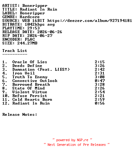 NFO for the release Boneripper-Radiant_In_Ruin-16BIT-WEB-FLAC-2026-SDR by SDR