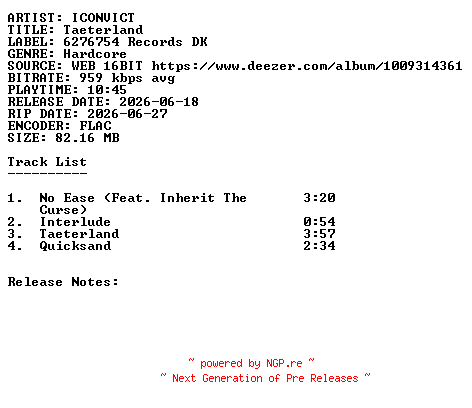NFO for the release ICONVICT-Taeterland-16BIT-WEB-FLAC-2026-SDR by SDR