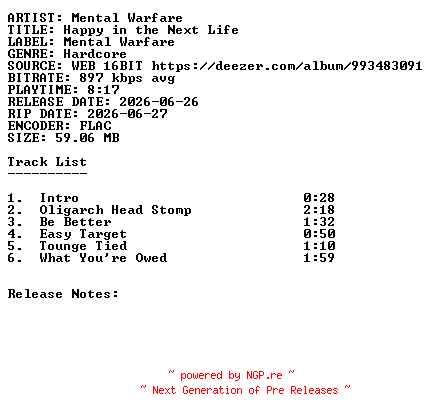 NFO for the release Mental_Warfare-Happy_In_The_Next_Life-16BIT-WEB-FLAC-2026-SDR by SDR