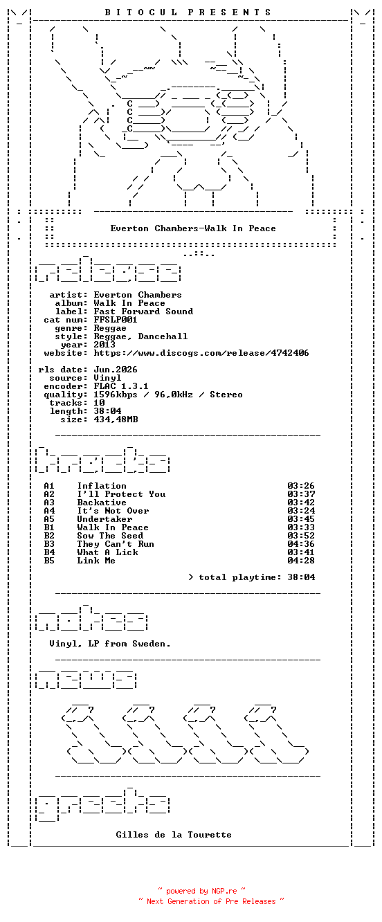 NFO for the release Everton_Chambers-Walk_In_Peace-(FFSLP001)-LP-FLAC-2013-BITOCUL by BITOCUL