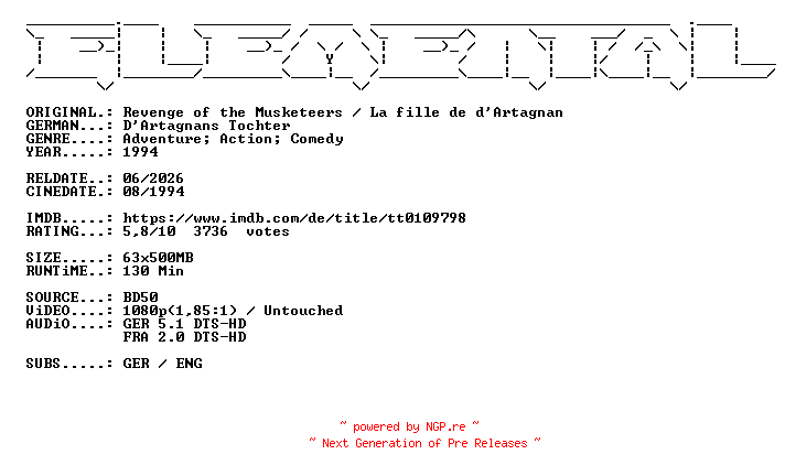 NFO for the release D.Artagnans.Tochter.1994.German.DL.1080p.BluRay.AVC-ELEMENTAL by ELEMENTAL