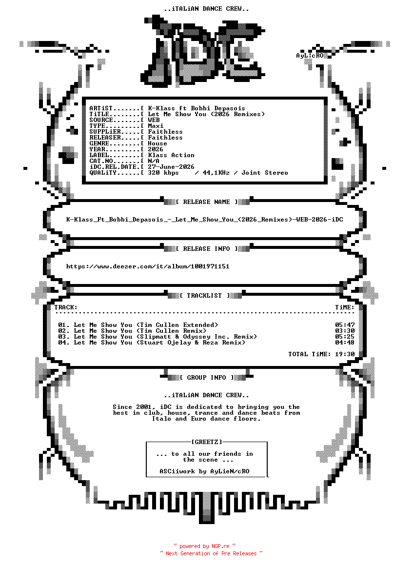 NFO for the release K-Klass_Ft_Bobbi_Depasois_-_Let_Me_Show_You_(2026_Remixes)-WEB-2026-iDC by iDC
