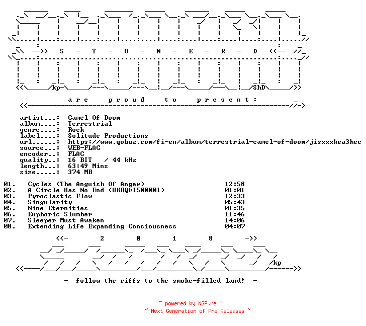 NFO for the release Camel_Of_Doom-Terrestrial-16BIT-WEB-FLAC-2016-STONERD by STONERD