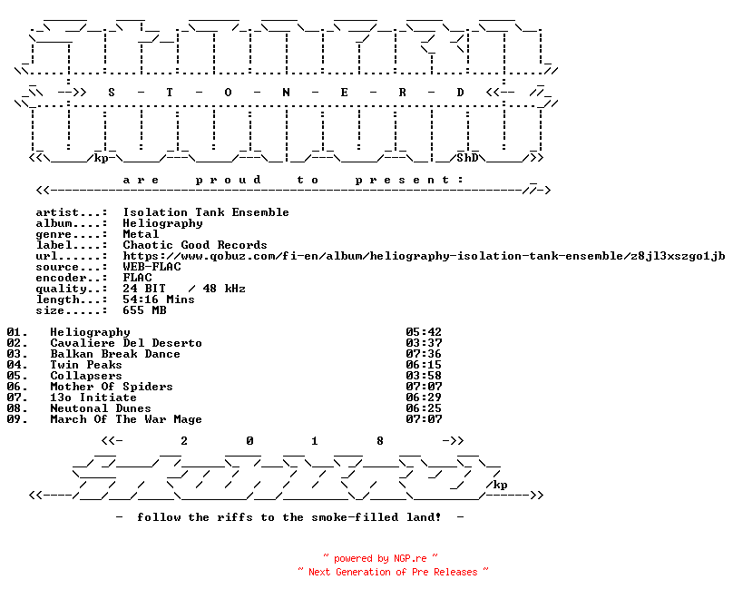 NFO for the release Isolation_Tank_Ensemble-Heliography-24BIT-WEB-FLAC-2023-STONERD by STONERD