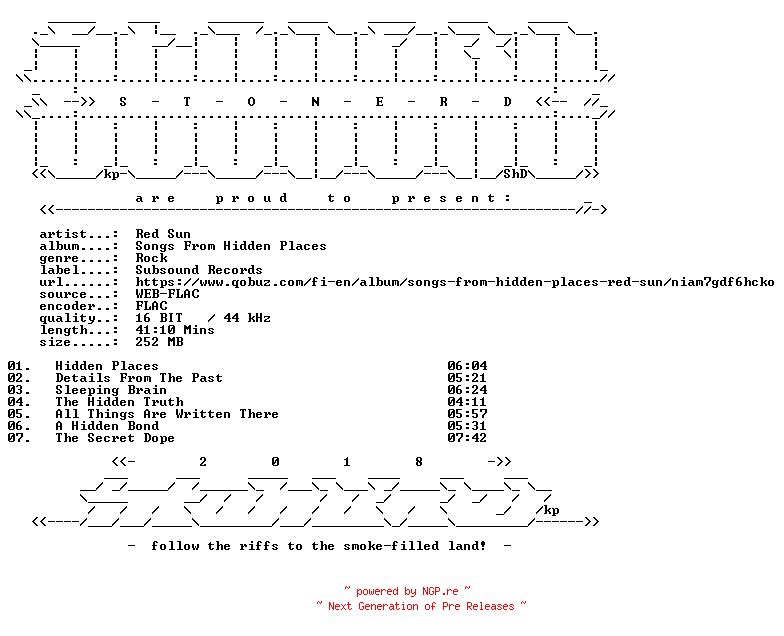 NFO for the release Red_Sun-Songs_From_Hidden_Places-16BIT-WEB-FLAC-2004-STONERD by STONERD