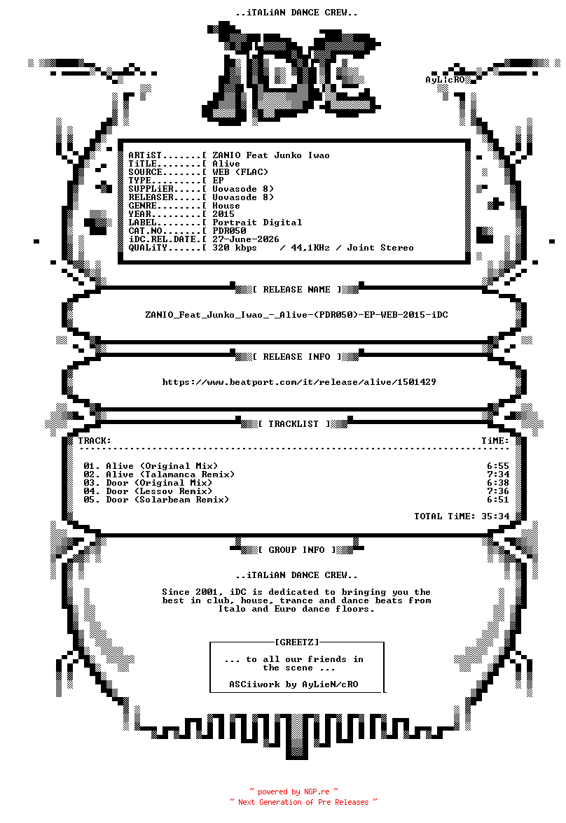 NFO for the release ZANIO_Feat_Junko_Iwao_-_Alive-(PDR050)-EP-WEB-2015-iDC by iDC