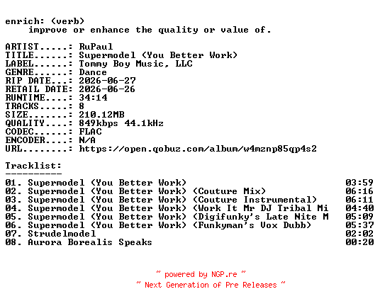 NFO for the release RuPaul-Supermodel_(You_Better_Work)-EP-16BIT-WEB-FLAC-2026-ENRiCH by ENRiCH